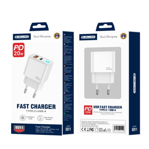 JELLICO fali töltő EU11 PD 20W 1xUSB-C + 1xUSB QC3.0 Fehér - 2
