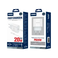 JELLICO hálózati töltő AK200 PD 20W 1xUSB-C + kábel USB-C - USB-C Fehér