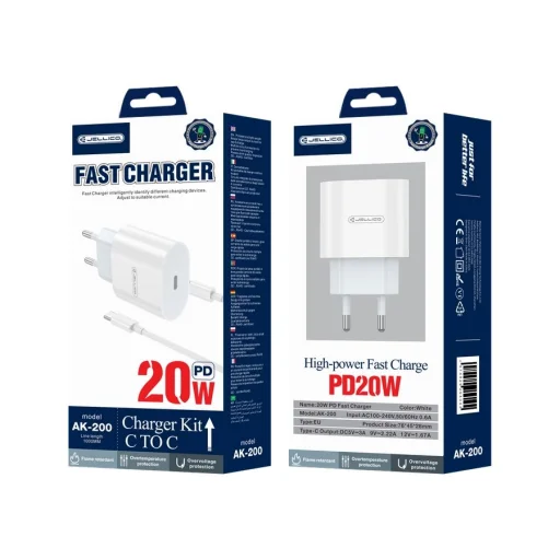 JELLICO hálózati töltő AK200 PD 20W 1xUSB-C + kábel USB-C - USB-C Fehér - 1
