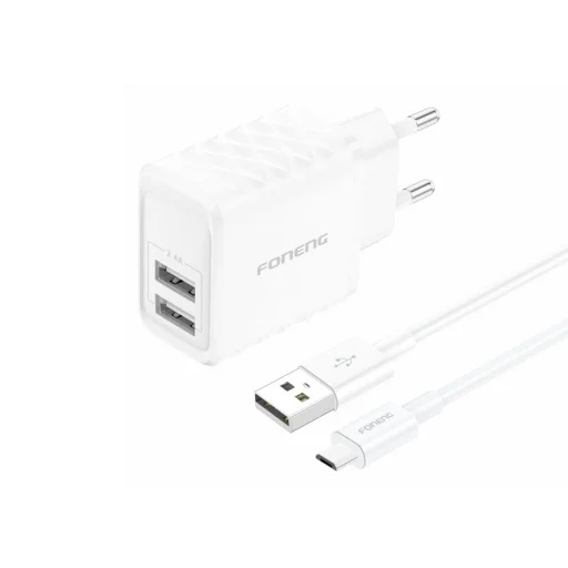 FONENG fali töltő EU53 2.4A 12W 2xUSB + kábel Micro Fehér - 2