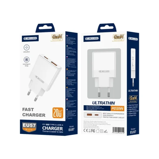 JELLICO hálózati töltő EU57 PD 20W 1xUSB-C + 1xUSB QC3.0 Fehér - 1