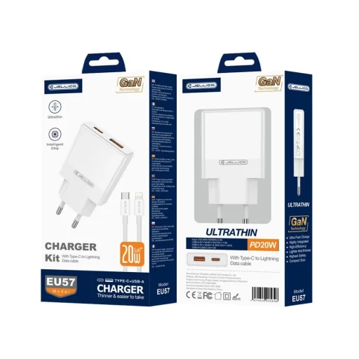 JELLICO fali töltő EU57 PD 20W 1xUSB-C + 1xUSB QC3.0 + kábel USB-C - Lightning Fehér - 1