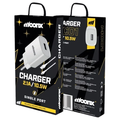 MOONX hálózati töltő adapter MC01 2.1A 10.5W 1xUSB + Lightning kábel Fehér - 1