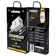 MOONX hálózati töltő adapter MC02 2.4A 12W 2xUSB + kábel Micro Fehér