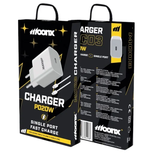 MOONX fali töltő MC03 PD 20W 1xUSB-C + kábel USB-C - USB-C Fehér - 1