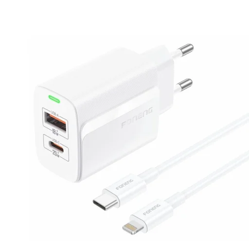 FONENG fali töltő EU66 PD 20W 1xUSB-C + 1xUSB QC3.0 + kábel USB-C - Lightning Fehér - 2