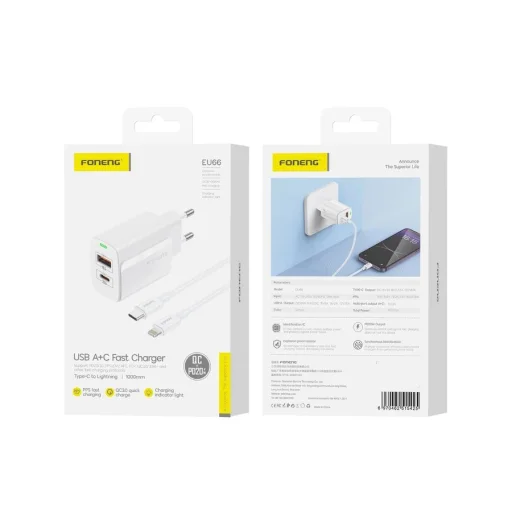FONENG fali töltő EU66 PD 20W 1xUSB-C + 1xUSB QC3.0 + kábel USB-C - Lightning Fehér - 1