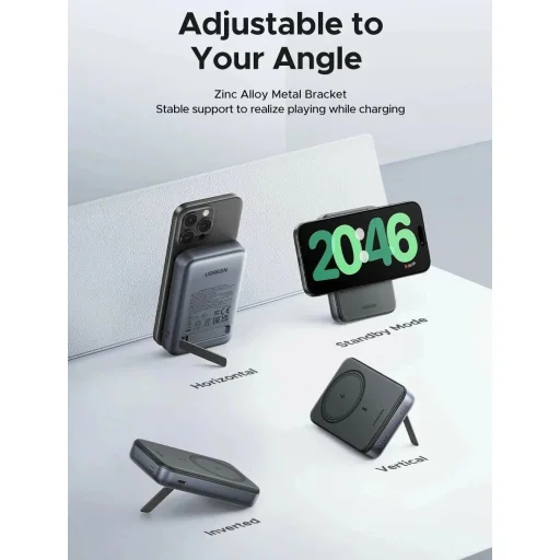 Ugreen - Power Bank PB562 (55140) - Vezeték nélküli mágneses töltés 7,5W, 10000mAh, PD20W, tartóval - Űrszürke - 4