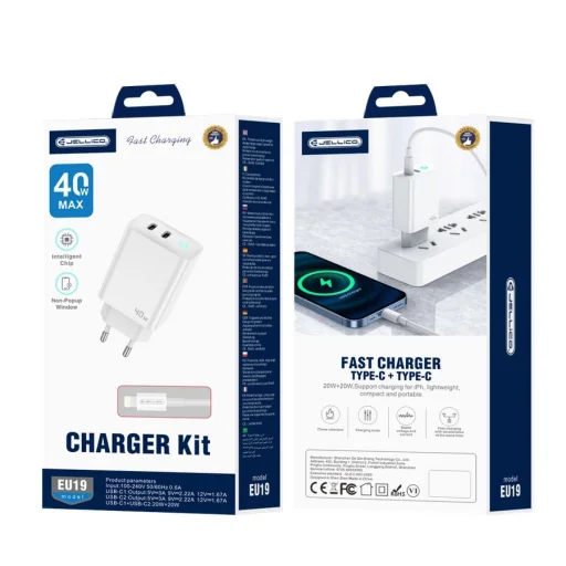 JELLICO fali töltő EU19 GaN PD 40W 2xUSB-C + USB-C - Lightning kábel Fehér - 2
