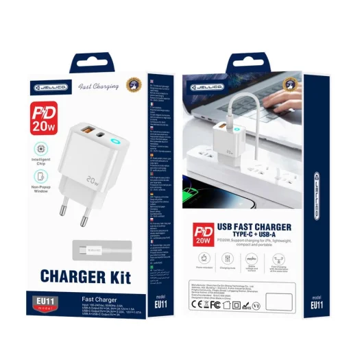 JELLICO fali töltő EU11 PD 20W 1xUSB-C + 1xUSB QC3.0 + kábel USB-C - Lightning fehér - 1