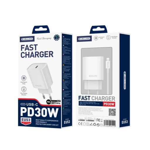 JELLICO falitöltő EU53 PD 30W 1xUSB-C + kábel USB-C - Lightning Fehér - 1