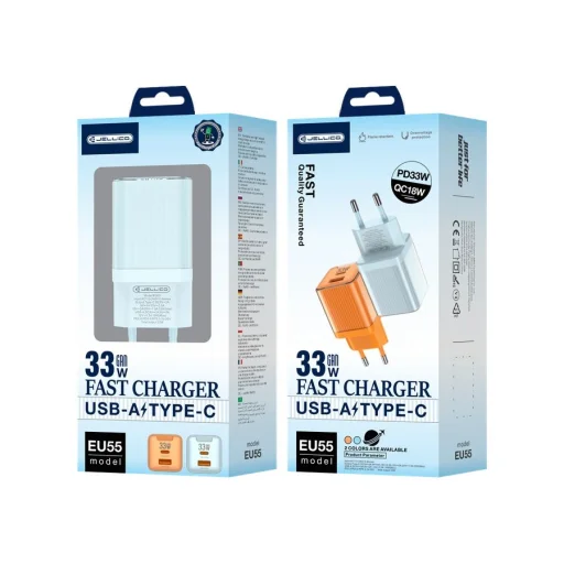 JELLICO fali töltő EU55 GaN PD 33W 1xUSB-C + 1xUSB QC3.0 Kék - 2