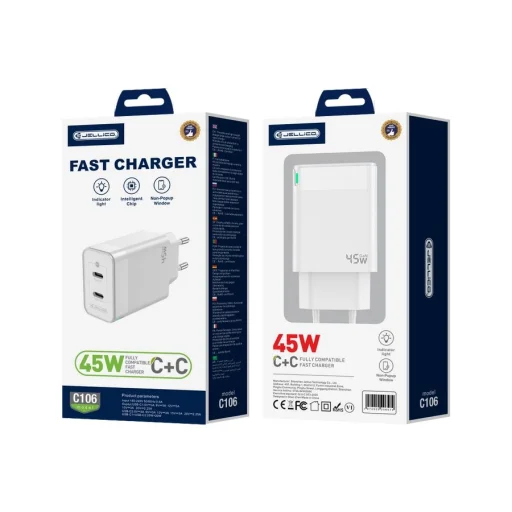 JELLICO hálózati töltő C106 GaN PD 45W 2xUSB-C fehér - 2