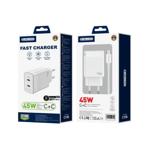 JELLICO fali töltő C106 GaN PD 45W 2xUSB-C + kábel USB-C - USB-C Fehér - 2