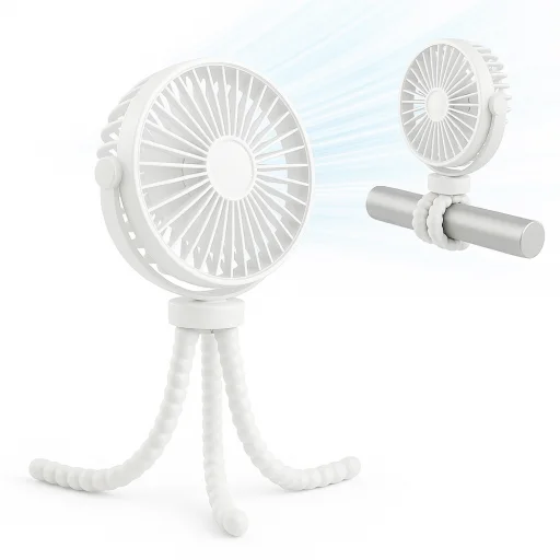 Techsuit - Babakocsi ventilátor (VP1) - Hordozható, négy sebességfokozat, 360°-ban rugalmas állványos csipesz, 4000mAh - Fehér - 1