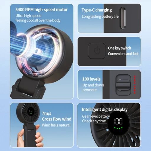 Techsuit - Prémium Mini Kézi Ventilátor (A10) - LED Digitális Kijelzővel, USB-C Újratölthető, 100 Szélsebesség, 5400RPM - Fekete - 7