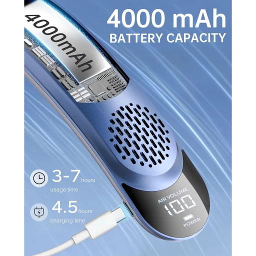 Techsuit - Nyakventilátor (S8) - Hordozható, digitális kijelzővel, 3 szélsebesség, 4000mAh, 7300RPM - Kék - 3