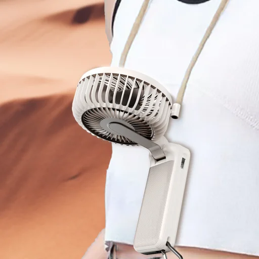 Techsuit - Prémium Mini Kézi Ventilátor (Z8) - LED Digitális Kijelzővel, USB-C Újratölthető, 3 Szélerősség, 2A, 3600mAh - Bézs - 8