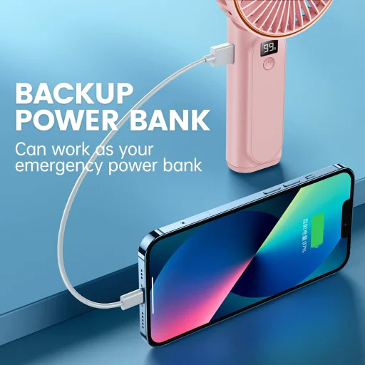 Techsuit - Prémium Mini Kézi Ventilátor (M12) - LED Digitális Kijelzővel, USB-C Újratölthető, 6 Szélsebesség, 5000mAh - Rózsaszín - 3