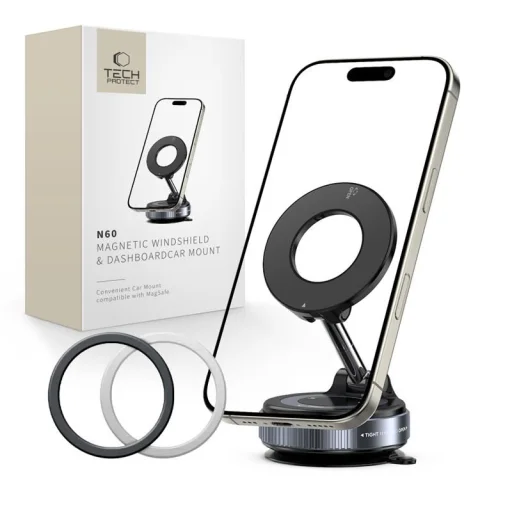 Tech-protect N60 Mágneses Magsafe Szélvédőre és Műszerfalra szerelhető autós tartó Fekete - 1