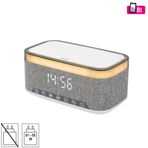 HOME LTCR06 multimédia lejátszó és ébresztőóra, 2x5 Watt, Qi telefontöltés, Bluetooth TWS, FM rádió, LED kijelző, beépített akkumulátor - 1