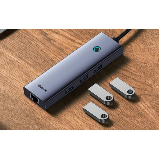Baseus UltraJoy 4 az 1-ben hub, USB-C 3x + USB 3.0 + RJ45 (szürke) - 11