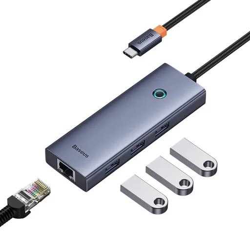 Baseus UltraJoy 4 az 1-ben hub, USB-C 3x + USB 3.0 + RJ45 (szürke) - 5