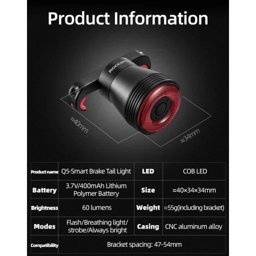 Rockbros Q5 Hátsó Biciklilámpa Intelligens Megállási Rendszerrel - Fekete - 9