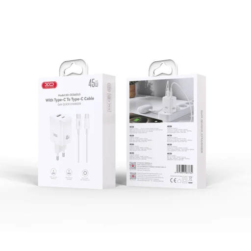 XO fali töltő CE36 PD 45W 1x USB-C 1x USB fehér + kábel USB-C - USB-C - 2
