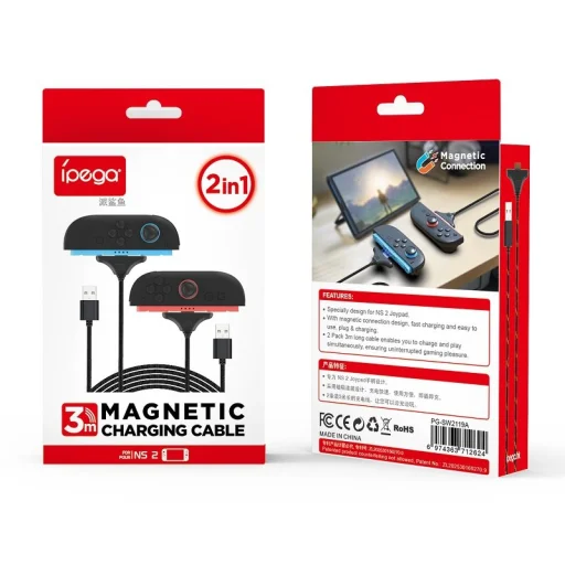 iPega SW2119A töltőkábel (3m, 2 db) JoyCon kontrollerhez Nintendo Switch 2 piros/kék (sérült csomagolás) - 3