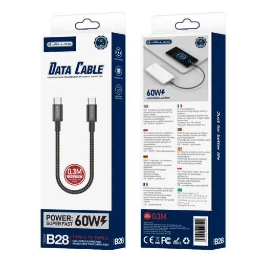 JELLICO kábel B28 USB-C - USB-C PD 60W 0.3M Fekete - 1