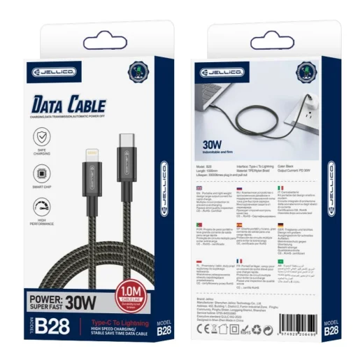 JELLICO kábel B28 USB-C - Lightning PD 30W 1M Fekete - 1