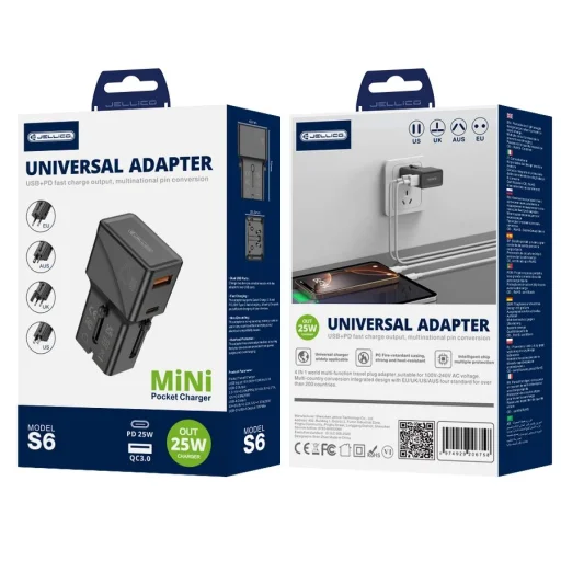 JELLICO univerzális utazó adapter S6 PD 25W 1xUSB-C + 1xUSB QC3.0 fekete - 2