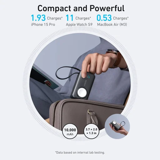 Anker - MagGo Power Bank (A1657H11) - Apple Watch számára, Gyors töltés, Ultravékony, 10000mAh, Qi2 35W Type-C kábellel - Fekete - 5