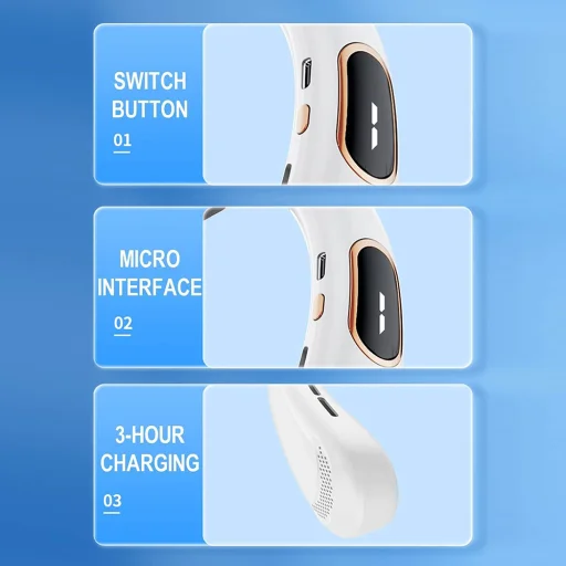 Techsuit - Nyakventilátor (H6) - Hordozható, USB, Újratölthető, Állítható, Digitális Kijelző - Fehér - 6