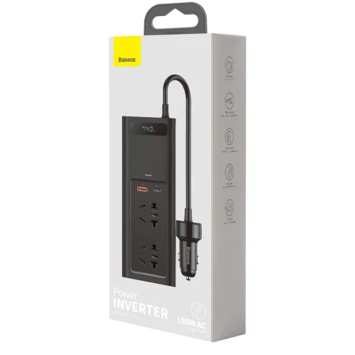 Baseus - Autós inverter (CRNBQ-A01) - USB, Type-C, CN/EU csatlakozó, digitális kijelző, 220V, 150W - Fekete - 7