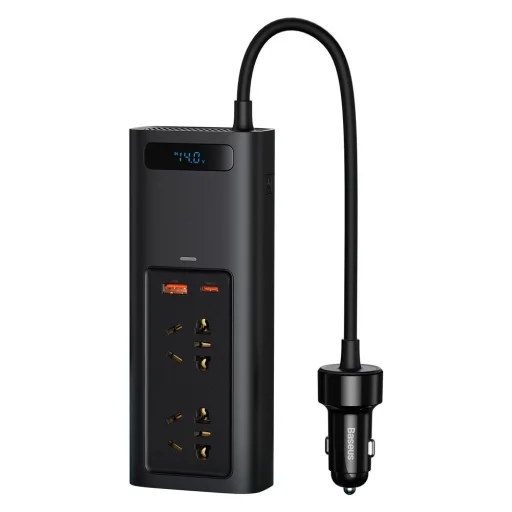 Baseus - Autós inverter (CRNBQ-A01) - USB, Type-C, CN/EU csatlakozó, digitális kijelző, 220V, 150W - Fekete - 1