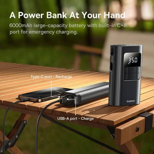  Baseus - Autókompresszor PrimeTrip VA1 (C11169001121-00) - Vezetékes és vezeték nélküli, zseblámpával, 6000mAh, power bank, 75W - Fekete - 5