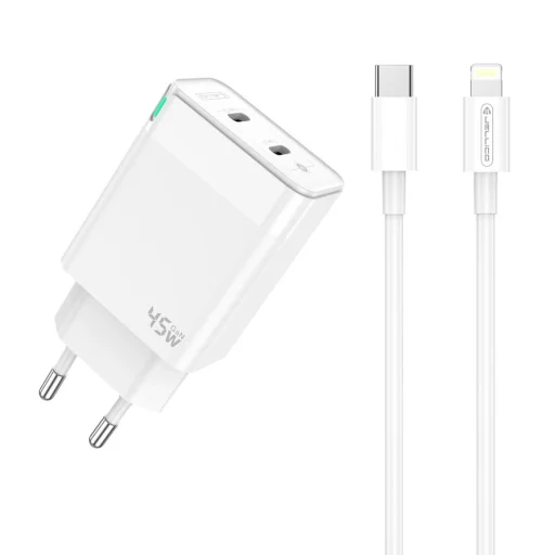 JELLICO Hálózati töltő C106 GaN PD 45W 2xUSB-C + USB-C - Lightning kábel Fehér - 1