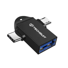 Techsuit - OTG Adapter TwoVoltX (A16) - 3 az 1-ben, USB Micro-USB + Type-C, Plug and Play, Alumínium ötvözet - Fekete