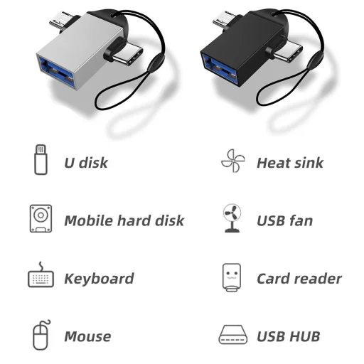 Techsuit - OTG Adapter AluCoreX (A15) - 3 az 1-ben, USB-ről Micro-USB-re + Type-C, Csatlakoztat és Játszik, Alumínium Ötvözet - Fekete - 7