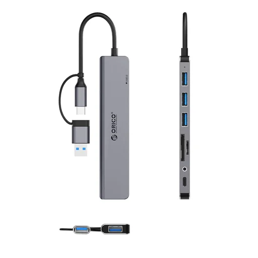 Orico YSA8-U3 USB-A/USB-C Hub Dokkoló Állomás 3x USB-A 2.0 + 1x USB-A 3.0 + 1x USB-C 2.0 + 1x 3.5mm Audio + 2x TF/SD - Szürke - 2