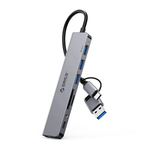 Orico YSA8-U3 USB-A/USB-C Hub Dokkoló Állomás 3x USB-A 2.0 + 1x USB-A 3.0 + 1x USB-C 2.0 + 1x 3.5mm Audio + 2x TF/SD - Szürke - 1