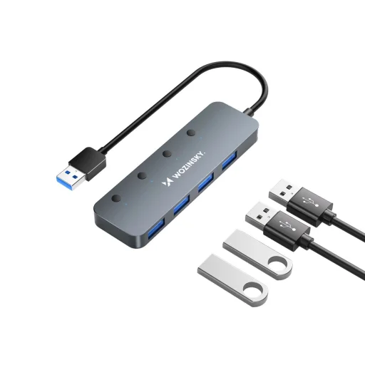 USB-A Hub Wozinsky WHS080YSS 4 x USB-A 3.0 egyedi kapcsolókkal, alumínium, 30 cm-es kábel - szürke - 3