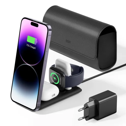  iPhone, MFi Apple Watch, AirPods, Qi2 15W Fekete ESR Prémium 3 az 1-ben Utazó Vezeték Nélküli Töltő Készlet (2C569) - Táska tartozékokkal - 1