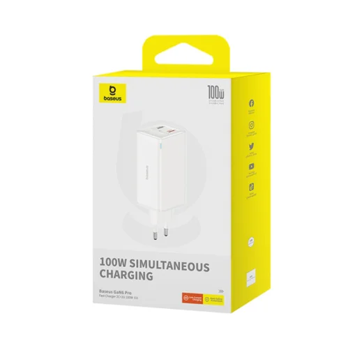  Baseus - Fali töltő GaN6 Pro (P10162705212-00) - 2x USB, 2x Type-C, 100W, Type-C kábel, 100W, 20V, 5A, 1m - Fehér - 7