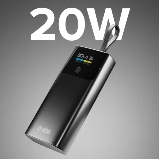 SBS 10000mAh PD 20W Powerbank, LCD kijelzős beépített USB-C kábellel - Szürke - 2