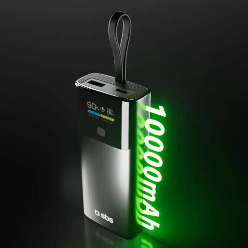 SBS 10000mAh PD 20W Powerbank, LCD kijelzős beépített USB-C kábellel - Szürke - 3
