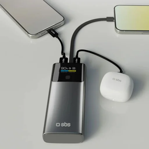 SBS 10000mAh PD 20W Powerbank, LCD kijelzős beépített USB-C kábellel - Szürke - 9