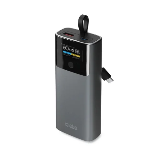 SBS 10000mAh PD 20W Powerbank, LCD kijelzős beépített USB-C kábellel - Szürke - 1
